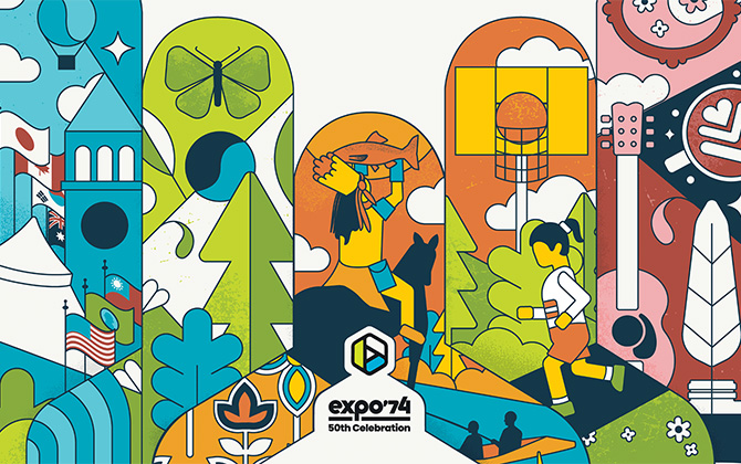 Colorful illustration for Expo '74 50th Celebration
