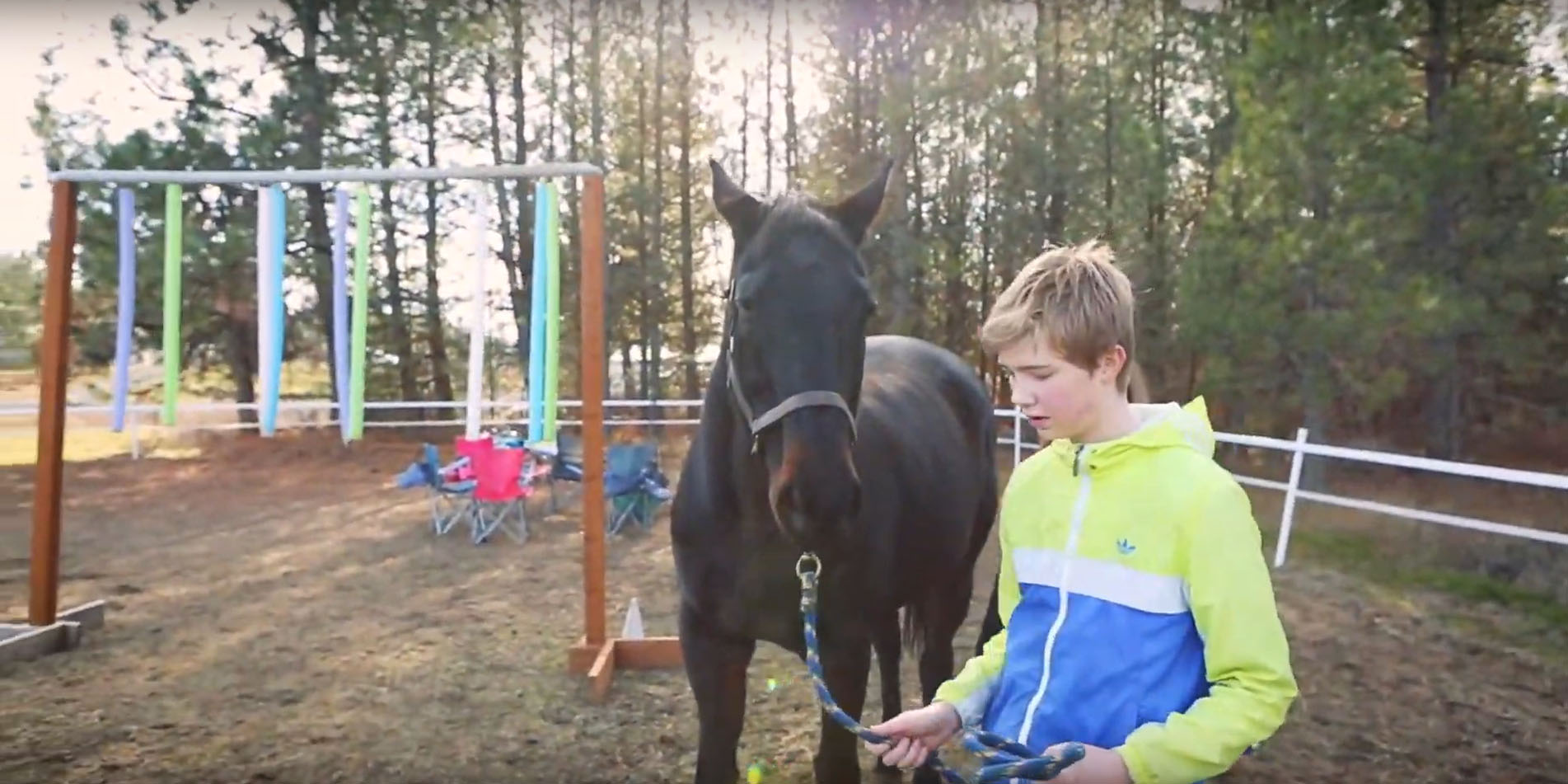 Boy holding a horse's lead at a ranch