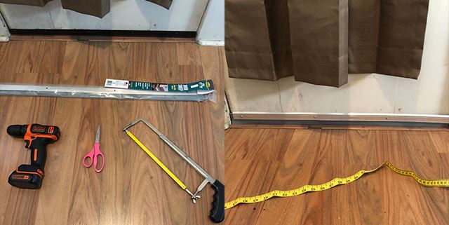 Left side photo shows the bottom of a door with tools in front of it - The right side of the photo shows the same door with a door sweep installed