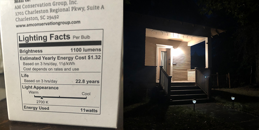 Two photos side by side - left side shows lighting information from a light bulb box, right side shows a porch during nighttime lit up by porchlights