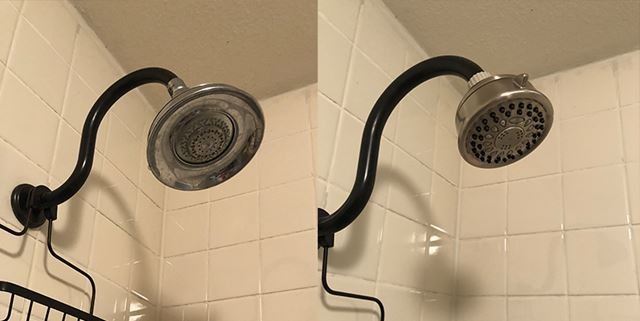Before and after photo of showerhead replacement - left side is closeup of old showerhead, right side is closeup of low-flow energy saving showerhead