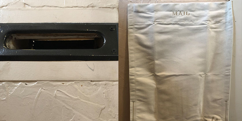 Before and after of a mail slot - left side is a drafty mail slot, right side is the same mail slot with a mail bag installed