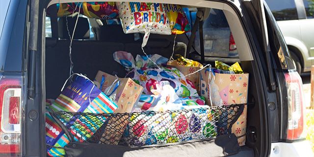 Birthday supplies in trunk of car