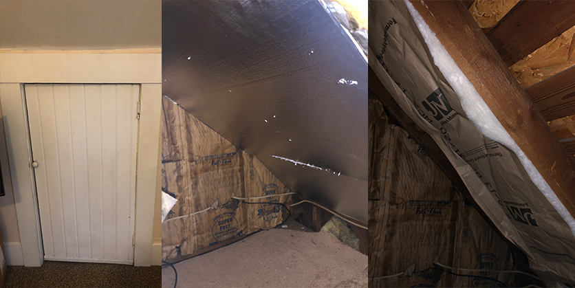 Showing process of adding insulation to a small door in a home