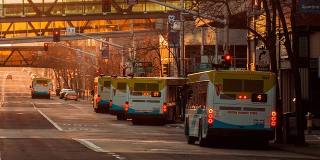 Line of buses in front of STA Plaza, downtown Spokane