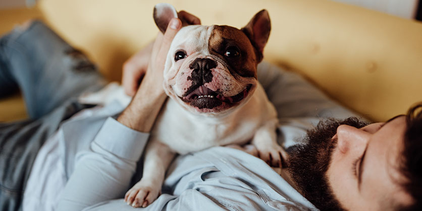 Man is laying down and holding his dog
