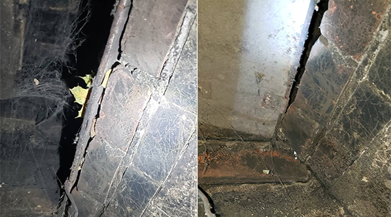 Two photos showing a before and after. The left side is an open fireplace flue with spiderwebs and leaves, the right side is a closed fireplace flue