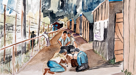 Painting done by Japanese American Fujii while he was interned in a prison camp