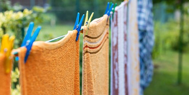 Laundry hanging on a clothesline outside to dry