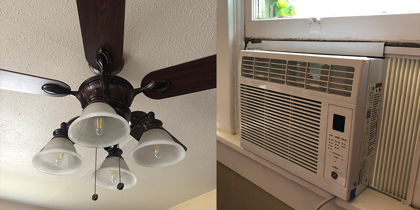 Two photo collage - left photo is of a ceiling fan, right photo is a window air conditioner unit