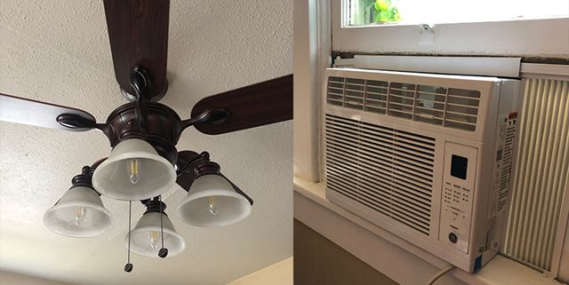 Two photo collage - left photo is of a ceiling fan, right photo is a window air conditioner unit