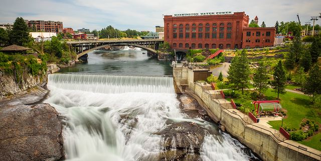 View of Huntington Park, Spokane downtown with the river flowing