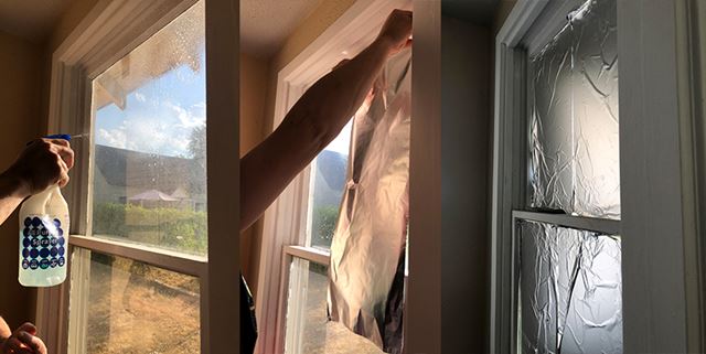 Photo collage composed of three photos - the left photo is closeup of someone's hand with a spray bottle, cleaning a window. The middle photo is a closeup of a hand putting up tin foil on the window. The third photo on the right is the finished window, covered in tin foil