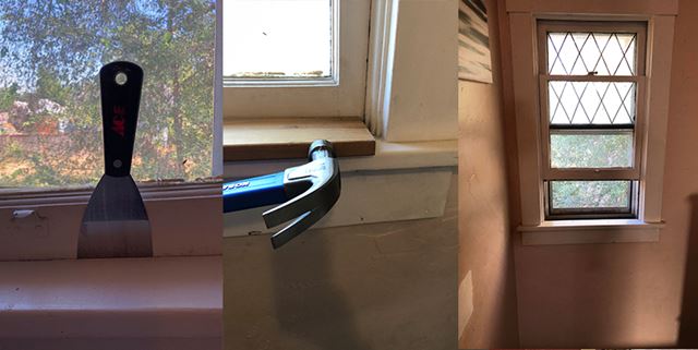Collage of three images showing a window. The first and second image are showing a tool, working to unstick a stuck window. The third image is showing the window unstuck and open.