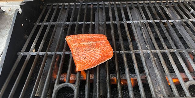 Closeup of  a piece of fish on the grill of an outdoor barbecue