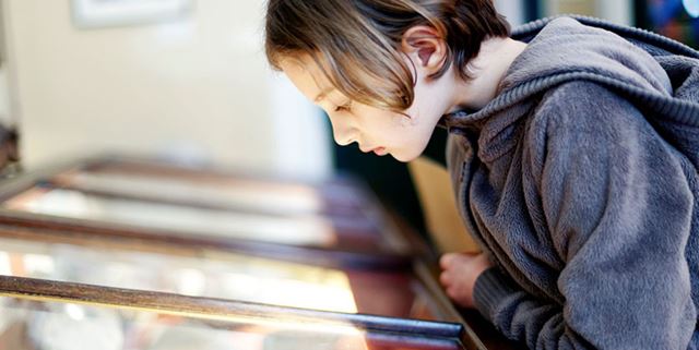 Child looking into a display case at Malin musuem