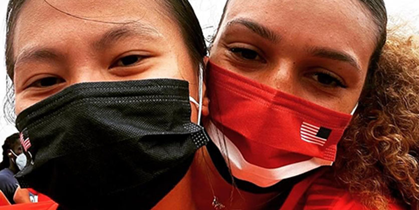 Two wome, Hannah and Jaleen, wearing masks and posing for a picture