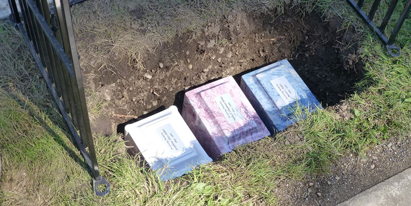 Boxed remains of the Riblet family laid to rest in a plot