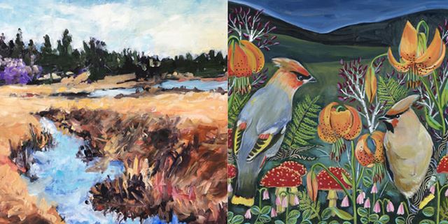 Examples of artwork one can see at The Little Spokane River Artist Studio Tour - On the left is an illustrated landscape and on the right is illustrated birds with nature