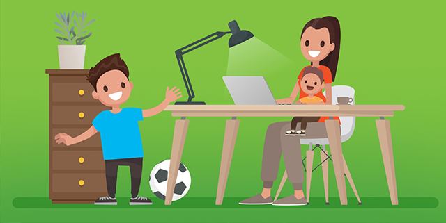 Illustration of a mom sitting at a table with a toddler in her lap, looking at a laptop while an older kid stands by the table, smiling next to a soccer ball