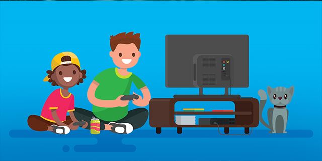 Illustration of two children playing a video game on tv