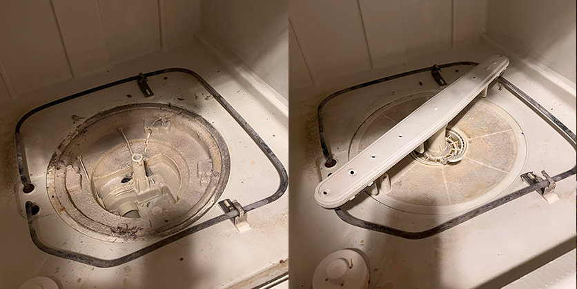 Two photo collage - left side is a closeup of a dirty dish washer filter, right side is a closeup of that same dish washer filter after it has been cleaned