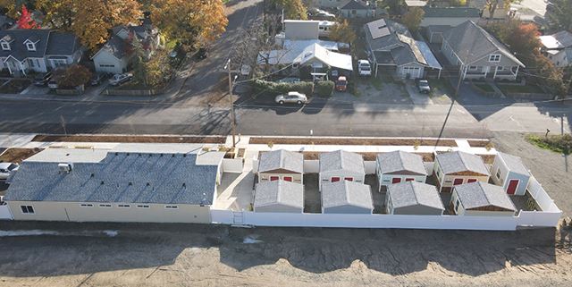 Overhead view of the 17 tiny homes in Foundry Village