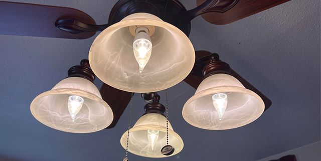 Ceiling fan with four light bulbs with a small shade on each