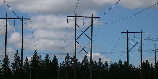 Power lines in front of a blue cloudy sky and trees