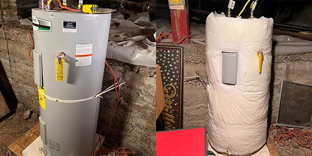 Two photos side by side - Left photo is a water heater, the right photo is the same water heater with a blanket wrapped around it