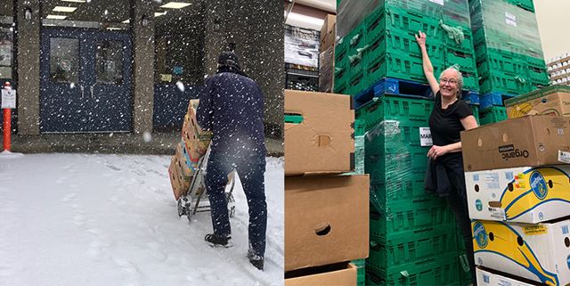 Two photo collage - Left side is showing a man delivering food in the snow, the right photo shows a woman stacking boxes in a warehouse