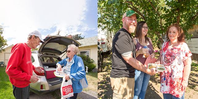 Two photo collage, both photos show a senior receiving a meal delivery by Meals on Wheels volunteers