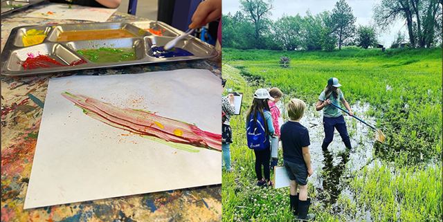 Left side is a colorful abstract painting on paper, the right side is children outside with a woman in some grass near a stream