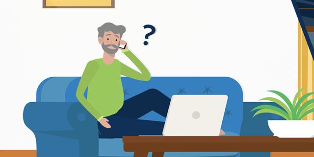 Illustration of a man looking confused on the phone at home in front of a laptop