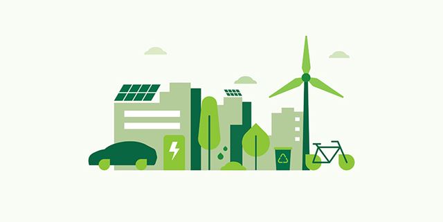 Bold illustration in shades of green - an electric car, a bicycle, solar panels on buildings, and a wind turbine