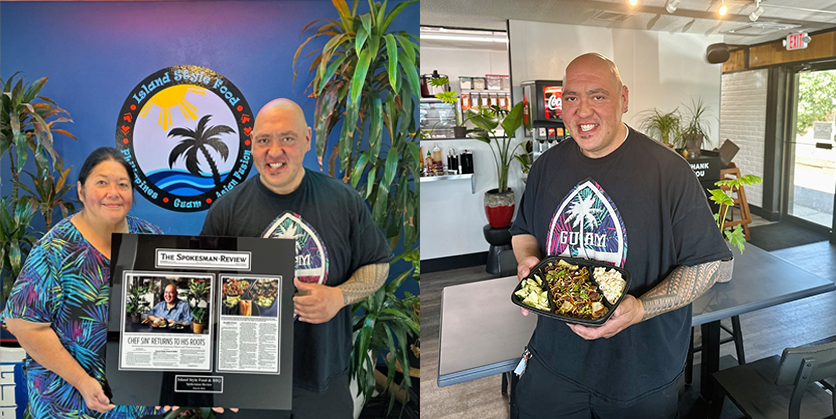 Two photos side-by-side: the left photo is of Island Style chef/owner and an employee holding up a poster with a printed article from the Spokesman Review article, the right photo is the chef/owner of Island Style standing inside the restaurant and holding a plate of food