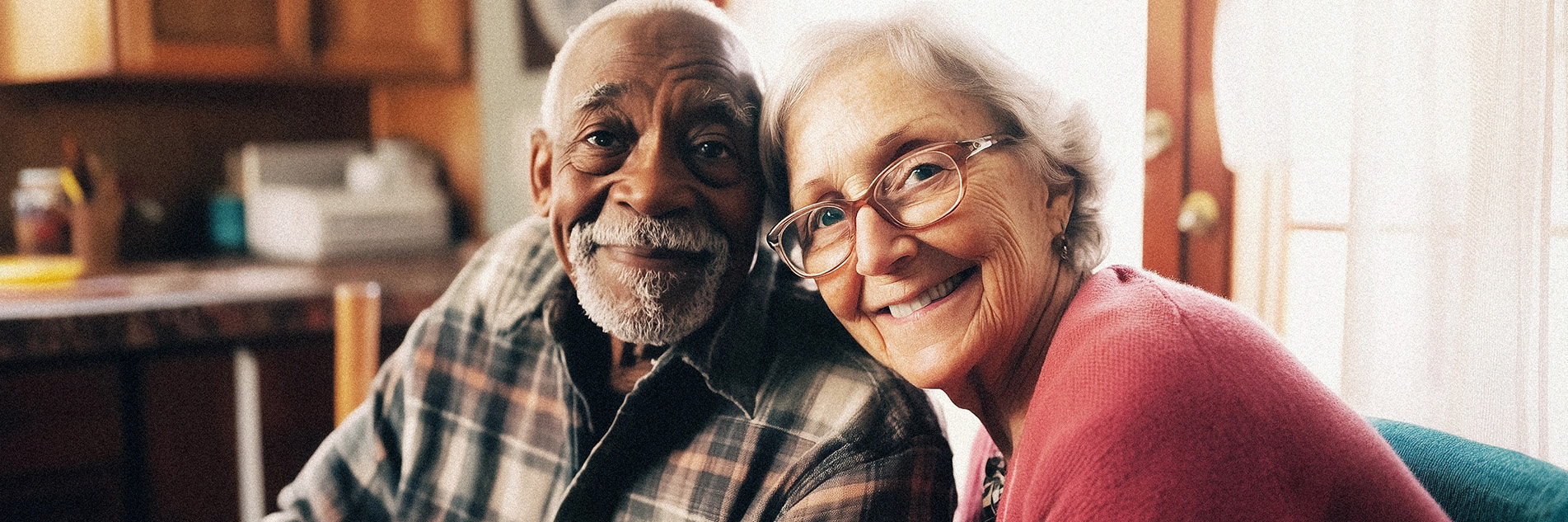 Older man and woman sit at home in their kitchen, smiling as the woman leans in towards the man.