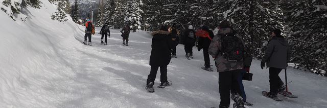 High school students wearing winter clothes snowshoeing outdoors on a snowy hill surrounded by trees.