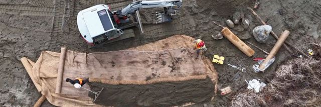 Overhead view of workers spreading dirt along a shoreline that they are working to restore.