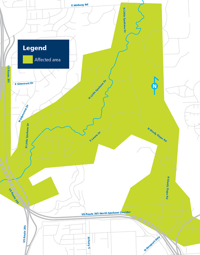East of U.S. Route 395 North of Spokane map.