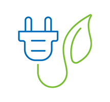 Simple line illustration of an electric plug with a green cord that is twisted to look like a leaf.