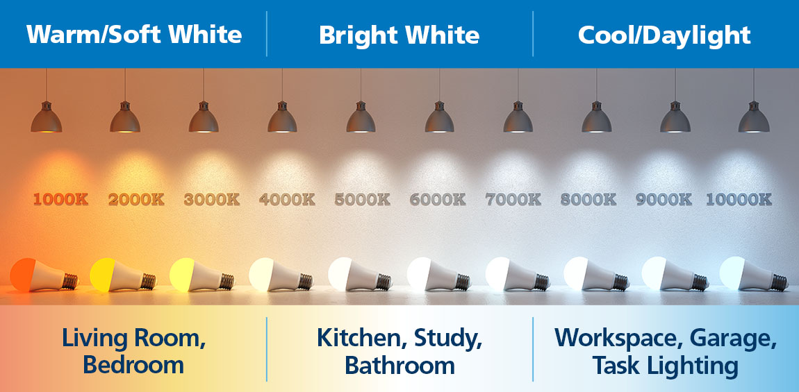 Illustration showing different light bulb examples from 1000k warm/soft white to 10000k cool/daylight