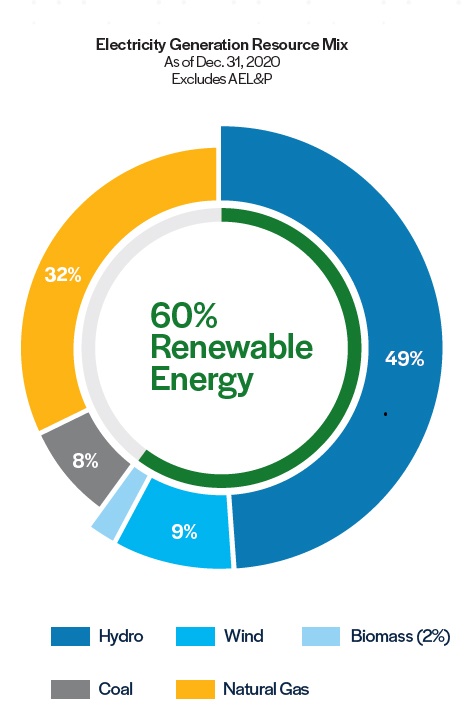 Electricity generation resource mix - 60% renewable energy, 49% hydro, 9% wind, 2% biomass, 8% coal, 32% natural gas