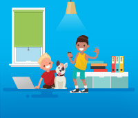 Illustration of a little boy sitting on the ground in front of a laptop and a second little boy standing next to him. A light shines overhead them