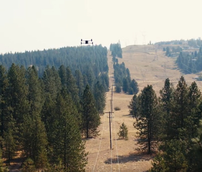 Drone flying over rural trees and power poles
