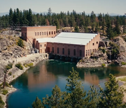 Drone view of hydropower dam and river