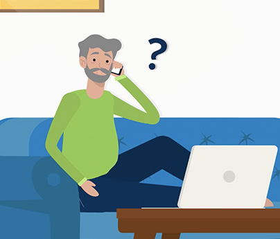 Illustration of a man on the phone looking confused while at home sitting in front of his laptop