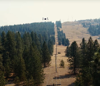Drone flying over rural trees and power poles